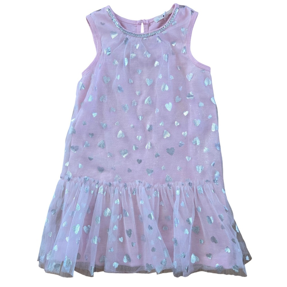 Truly Me Girls Pink Silver Foil Heart Mesh Sequin Dress Size 5 RC25378N